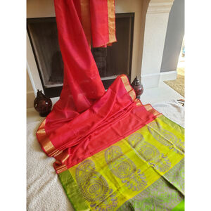 Women Pure Silk Threadwork Saree Handloom Wedding Designer Party Fashion